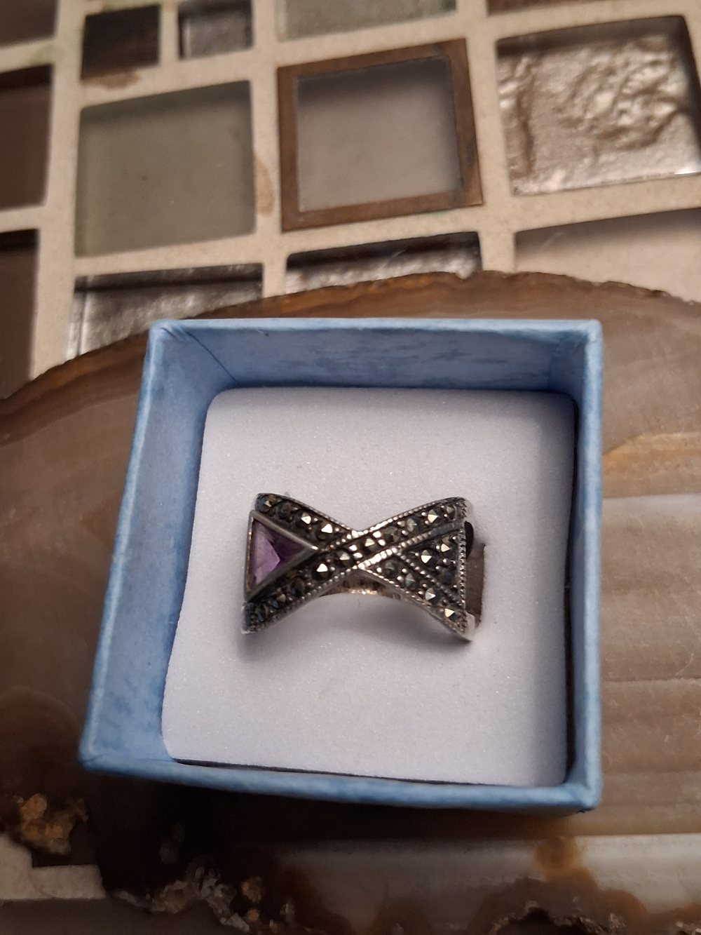 Sterling Silver Marcasite and Amethyst Accent Cross-Over Ring